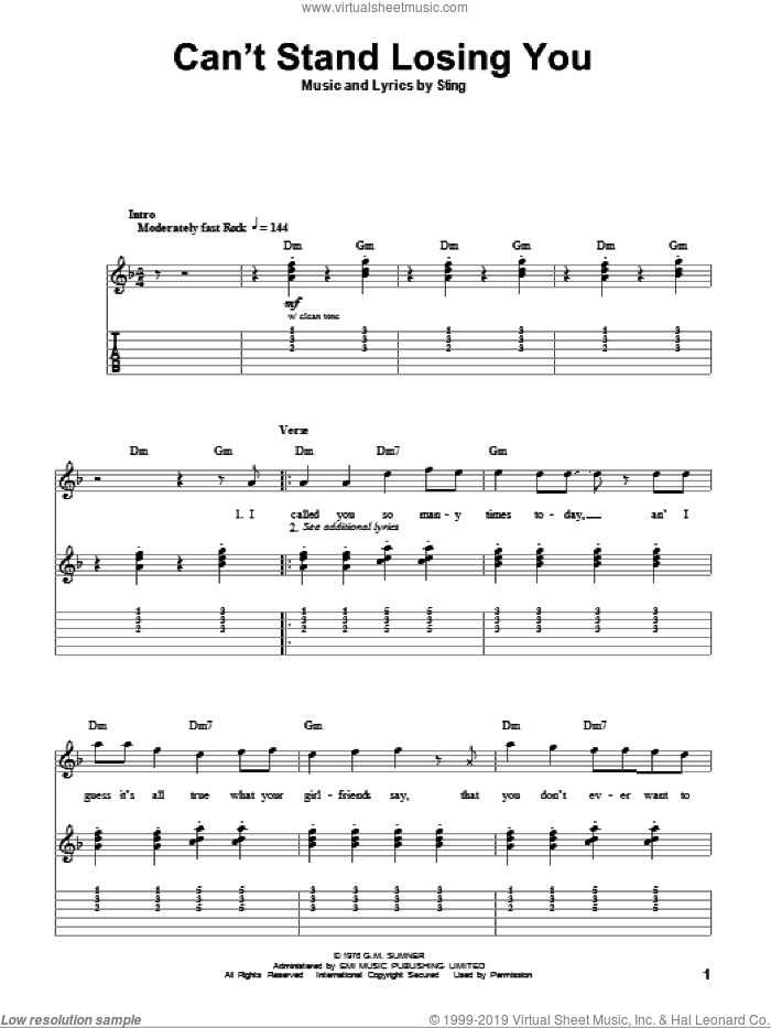 Can't Stand Losing You sheet music for guitar (tablature, play-along) by The Police and Sting, intermediate skill level
