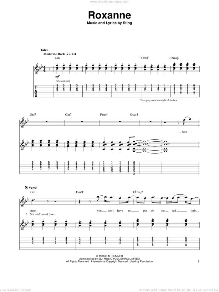 Roxanne sheet music for guitar (tablature, play-along) by The Police and Sting, intermediate skill level