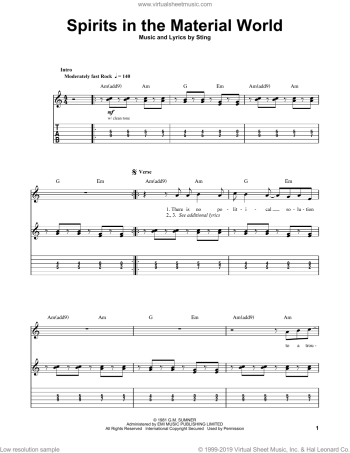 Spirits In The Material World sheet music for guitar (tablature, play-along) by The Police and Sting, intermediate skill level
