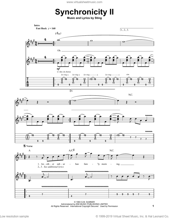Synchronicity II sheet music for guitar (tablature, play-along) by The Police and Sting, intermediate skill level