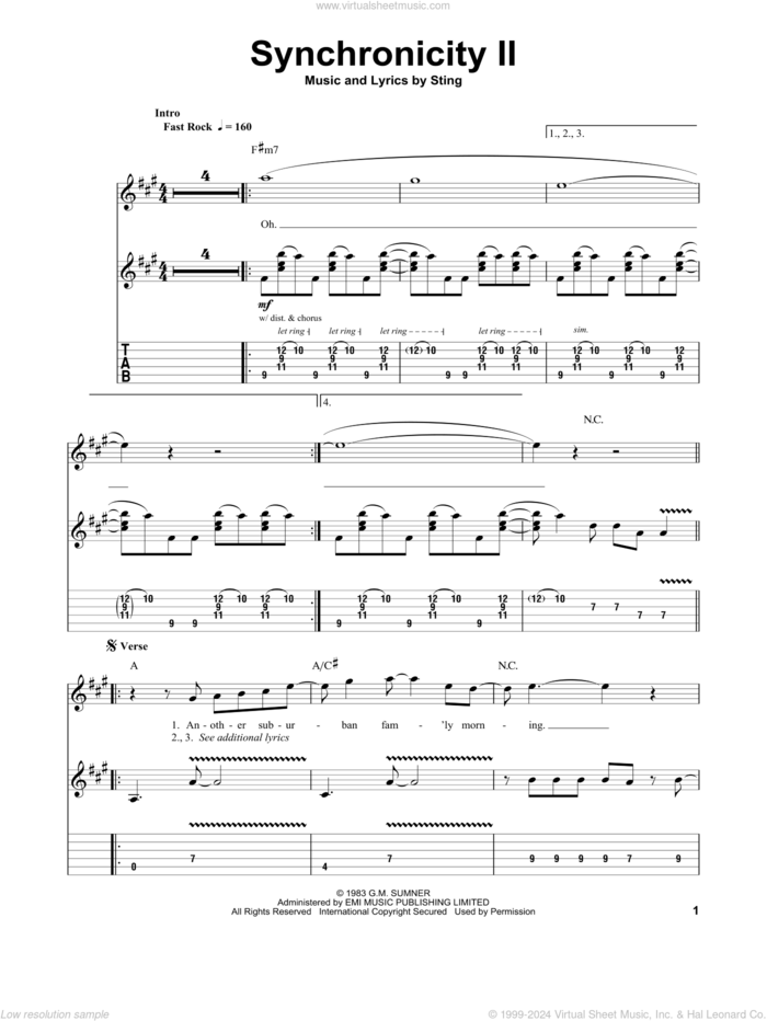 Synchronicity II sheet music for guitar (tablature, play-along) by The Police and Sting, intermediate skill level