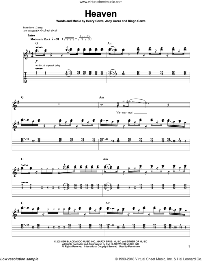 Heaven sheet music for guitar (tablature, play-along) by Los Lonely Boys, Henry Garza, Joey Garza and Ringo Garza, intermediate skill level
