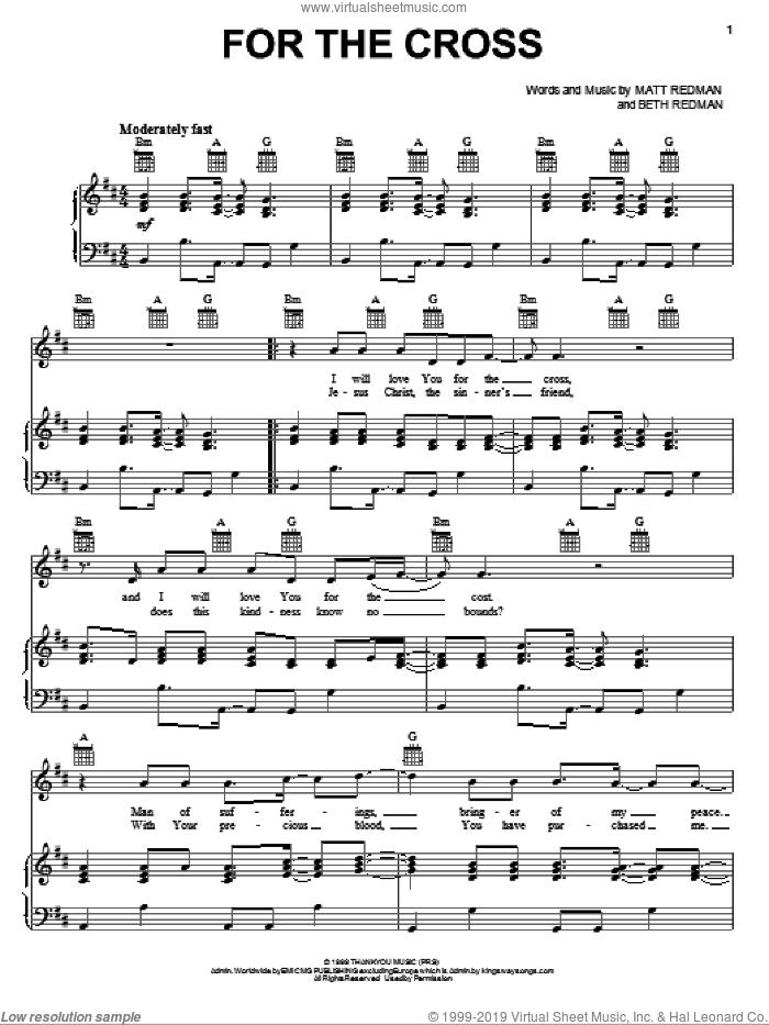 For The Cross sheet music for voice, piano or guitar by Matt Redman and Beth Redman, intermediate skill level