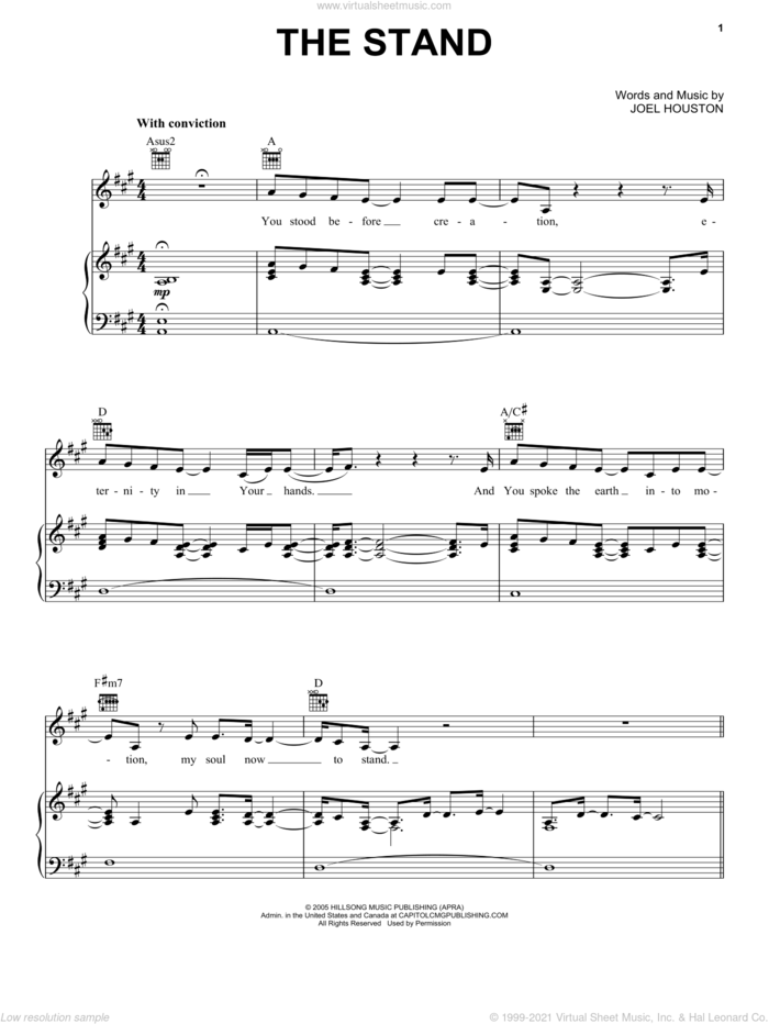 The Stand sheet music for voice, piano or guitar by Joel Houston and Hillsong United, intermediate skill level