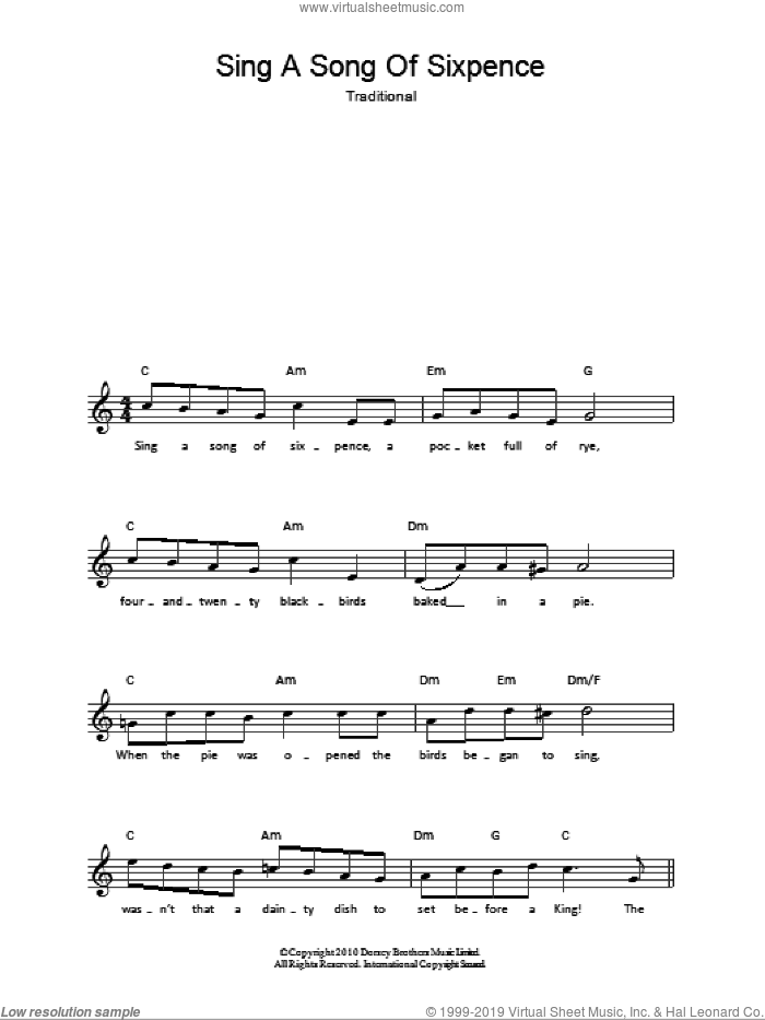 Sing A Song Of Sixpence sheet music for voice and other instruments (fake book), intermediate skill level