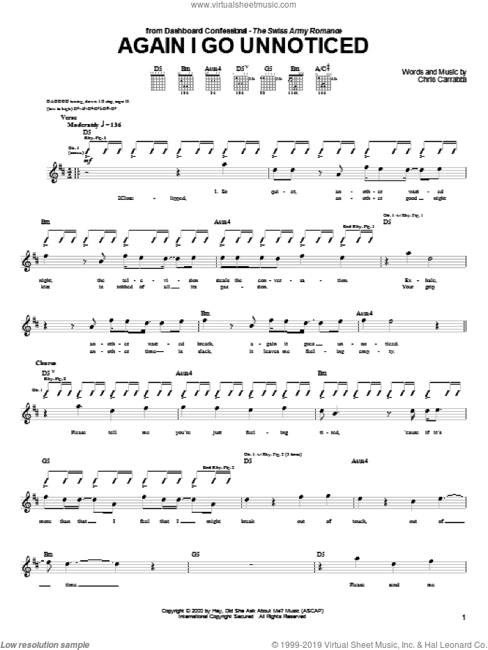 Again I Go Unnoticed sheet music for guitar (tablature) by Dashboard Confessional and Chris Carrabba, intermediate skill level
