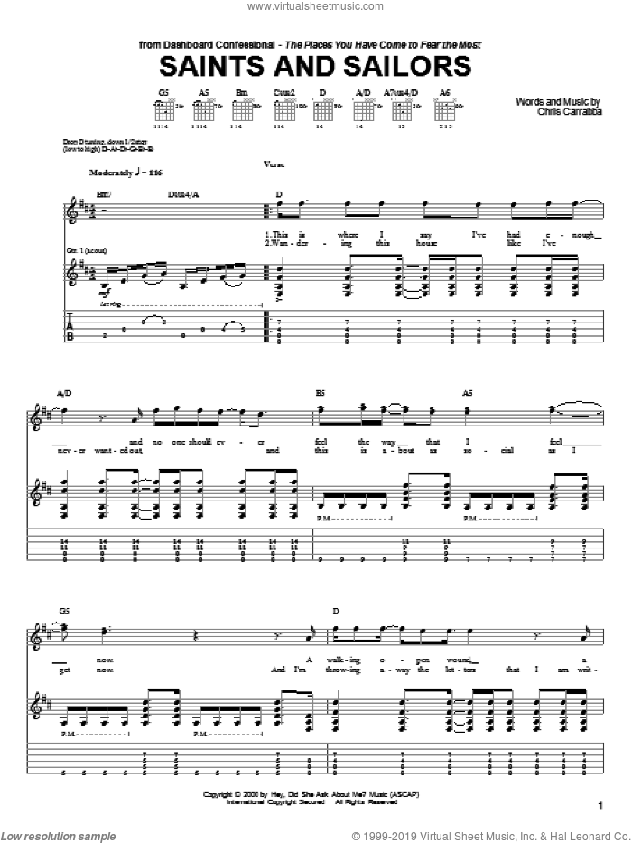 Saints And Sailors sheet music for guitar (tablature) by Dashboard Confessional and Chris Carrabba, intermediate skill level