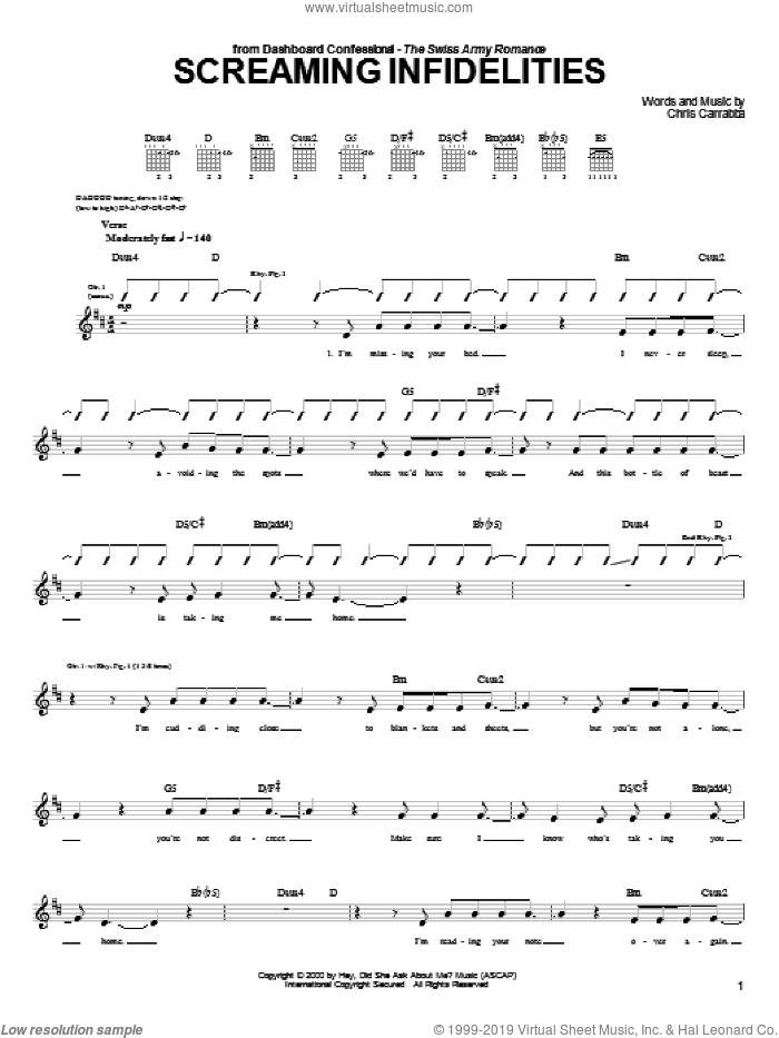 Screaming Infidelities sheet music for guitar (tablature) by Dashboard Confessional and Chris Carrabba, intermediate skill level
