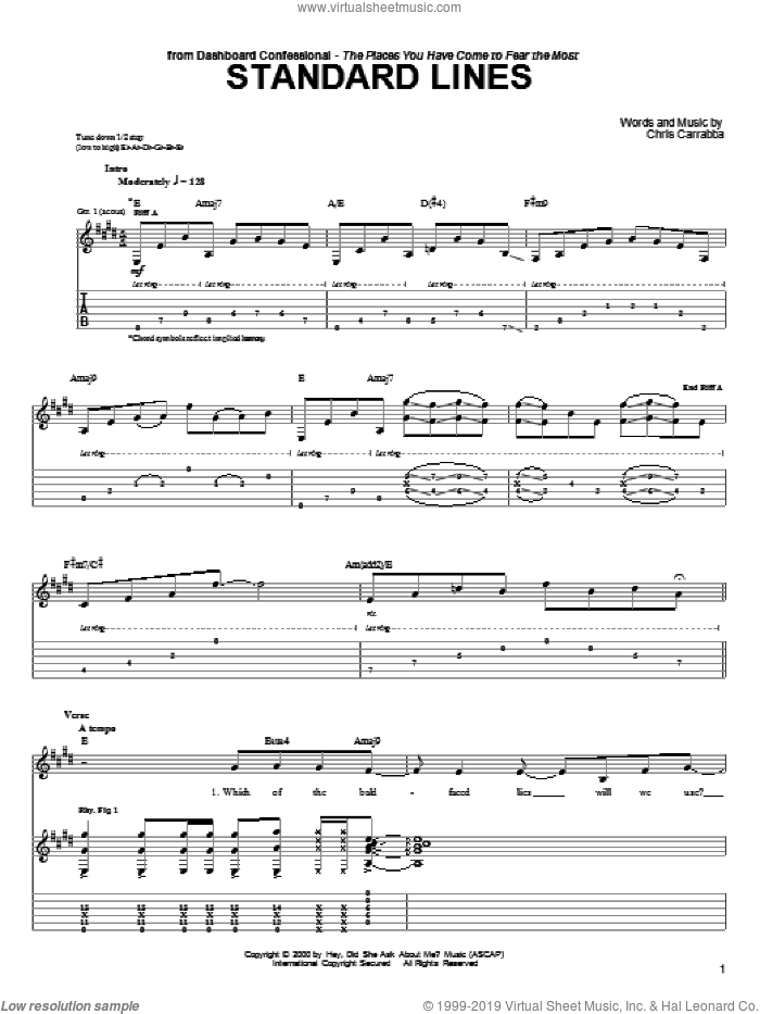 Standard Lines sheet music for guitar (tablature) by Dashboard Confessional and Chris Carrabba, intermediate skill level