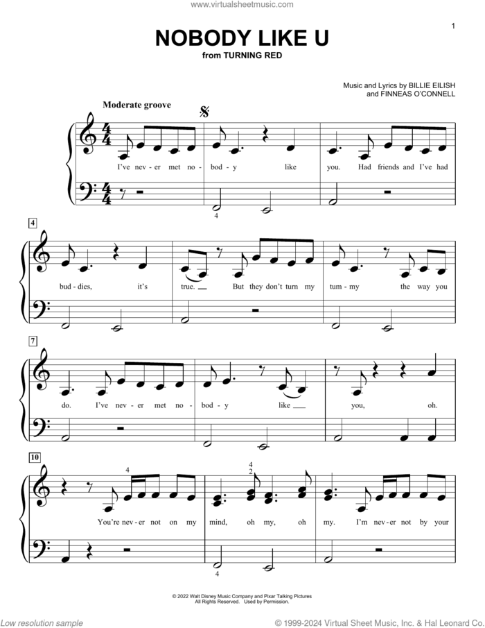 Nobody Like U (from Turning Red) sheet music for piano solo (big note book) by 4*TOWN and Billie Eilish, easy piano (big note book)