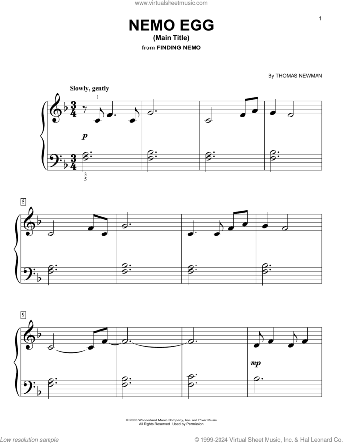 Nemo Egg (Main Title) (from Finding Nemo) sheet music for piano solo (big note book) by Thomas Newman, easy piano (big note book)