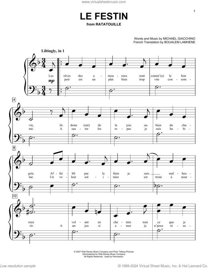 Le Festin (from Ratatouille) sheet music for piano solo (big note book) by Michael Giacchino and Boualem Lamhene, easy piano (big note book)