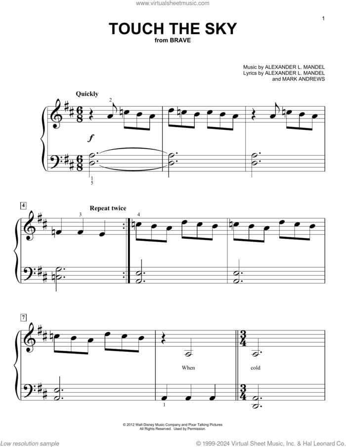 Touch The Sky (from Brave) sheet music for piano solo (big note book) by Julie Fowlis, Alexander L. Mandel and Mark Andrews, easy piano (big note book)