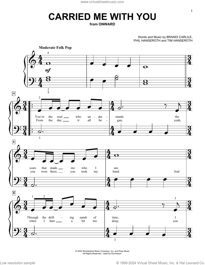 Carried Me With You (from Onward) sheet music for piano solo (big note book) by Brandi Carlile, Phillip Hanseroth and Timothy Jay Hanseroth, easy piano (big note book)