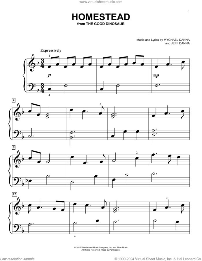 Homestead (from The Good Dinosaur) sheet music for piano solo (big note book) by Mychael Danna and Jeff Danna, Jeff Danna and Mychael Danna, easy piano (big note book)