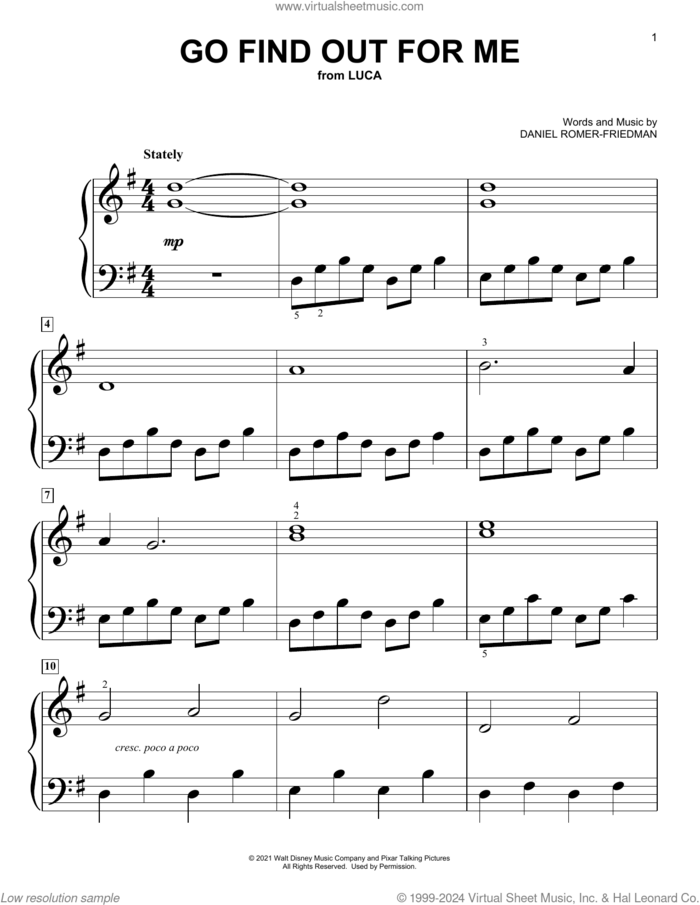 Go Find Out For Me (from Luca) sheet music for piano solo (big note book) by Dan Romer and Daniel Romer-Friedman, easy piano (big note book)