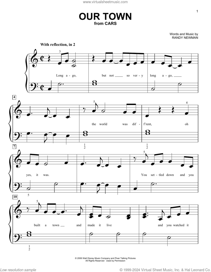 Our Town (from Cars) sheet music for piano solo (big note book) by James Taylor and Randy Newman, easy piano (big note book)