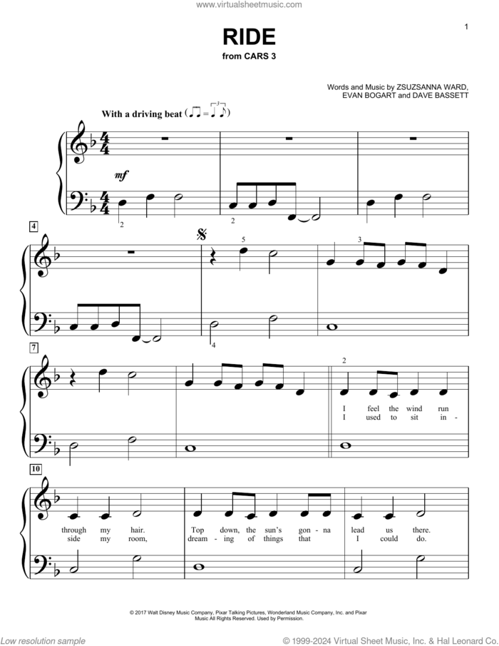 Ride (from Cars 3) sheet music for piano solo (big note book) by ZZ Ward featuring Gary Clark Jr., Dave Bassett, Evan Bogart and Zsuzsanna Ward, easy piano (big note book)