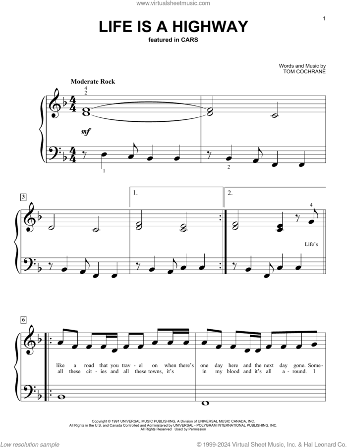 Life Is A Highway (from Cars) sheet music for piano solo (big note book) by Rascal Flatts and Tom Cochrane, easy piano (big note book)