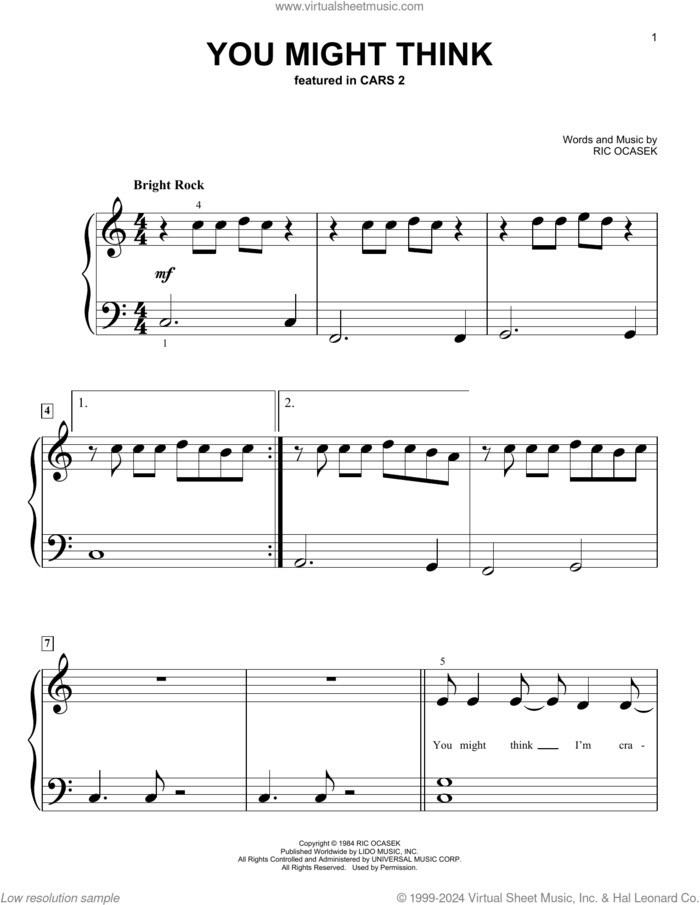 You Might Think (from Cars 2) sheet music for piano solo (big note book) by Weezer, The Cars and Ric Ocasek, easy piano (big note book)