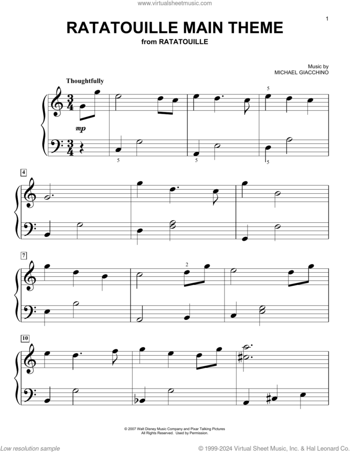 Ratatouille (Main Theme) sheet music for piano solo (big note book) by Michael Giacchino, easy piano (big note book)