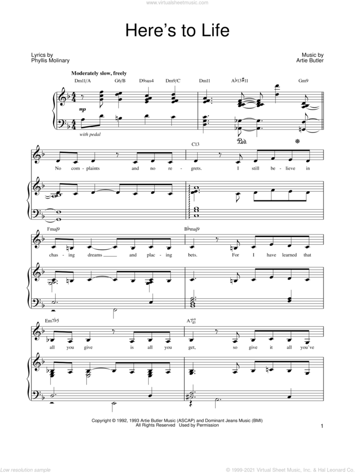 Here's To Life sheet music for voice, piano or guitar by Barbra Streisand, Shirley Horn, Artie Butler and Phyllis Molinary, intermediate skill level