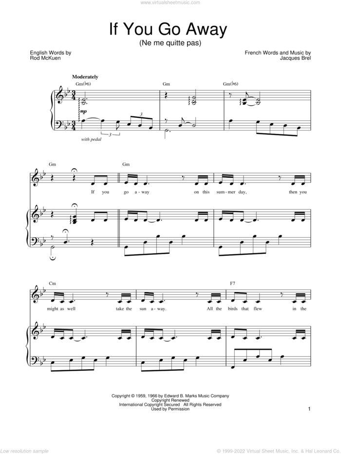 If You Go Away sheet music for voice, piano or guitar by Barbra Streisand, Jacques Brel and Rod McKuen, intermediate skill level