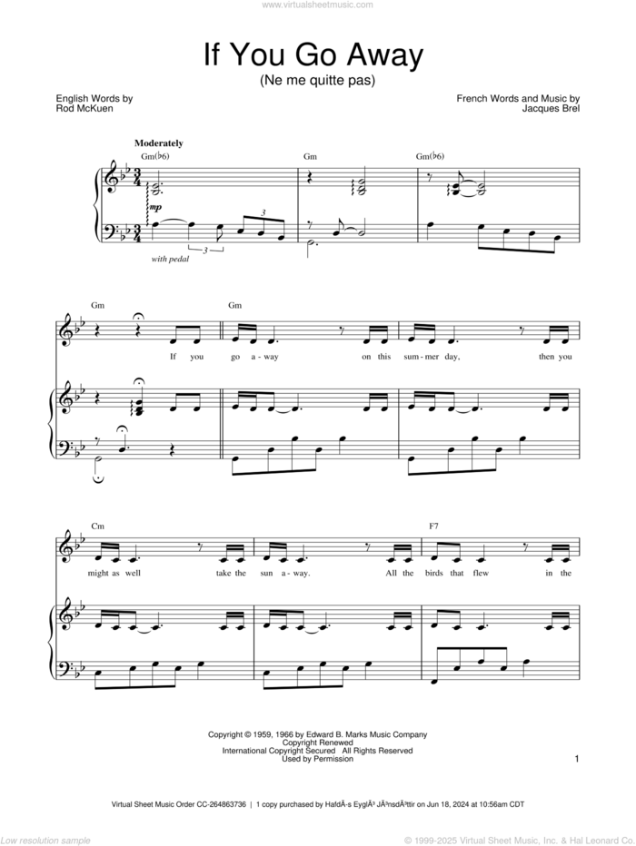 If You Go Away sheet music for voice, piano or guitar by Barbra Streisand, Jacques Brel and Rod McKuen, intermediate skill level