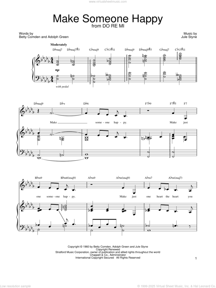 Make Someone Happy (from Do Re Mi) sheet music for voice, piano or guitar by Barbra Streisand, Adolph Green, Betty Comden and Jule Styne, intermediate skill level