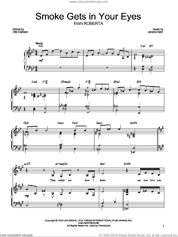Smoke Gets In Your Eyes sheet music for voice, piano or guitar by Barbra Streisand, The Platters, Jerome Kern and Otto Harbach, intermediate skill level