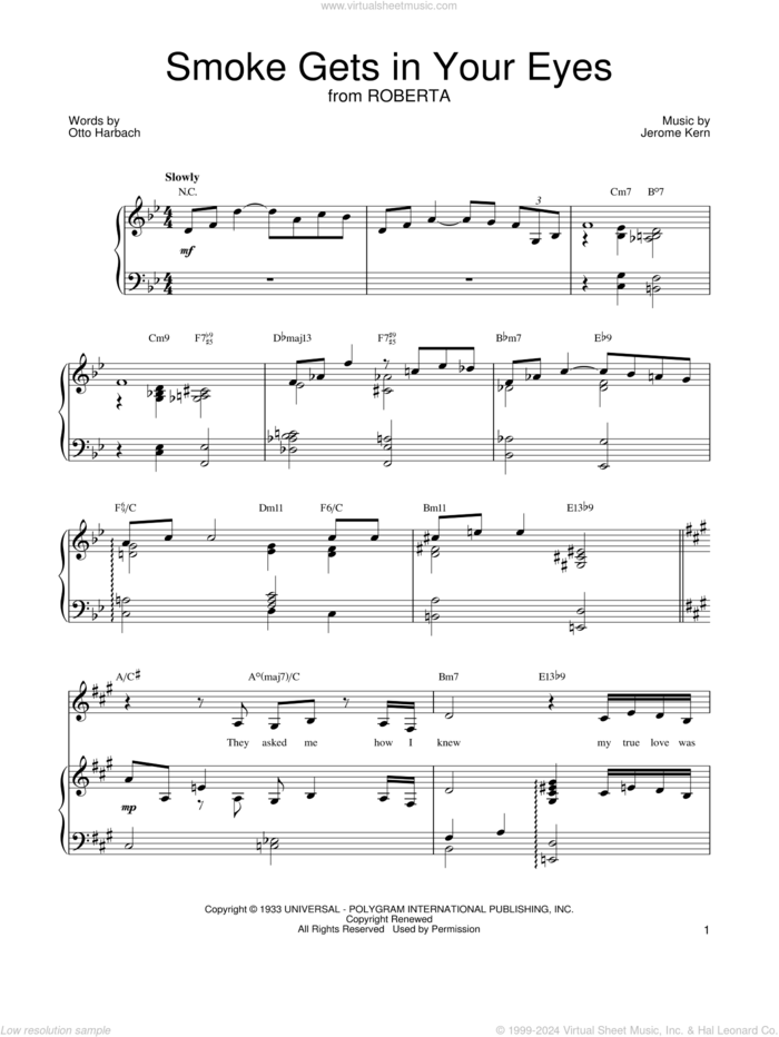 Smoke Gets In Your Eyes sheet music for voice, piano or guitar by Barbra Streisand, The Platters, Jerome Kern and Otto Harbach, intermediate skill level