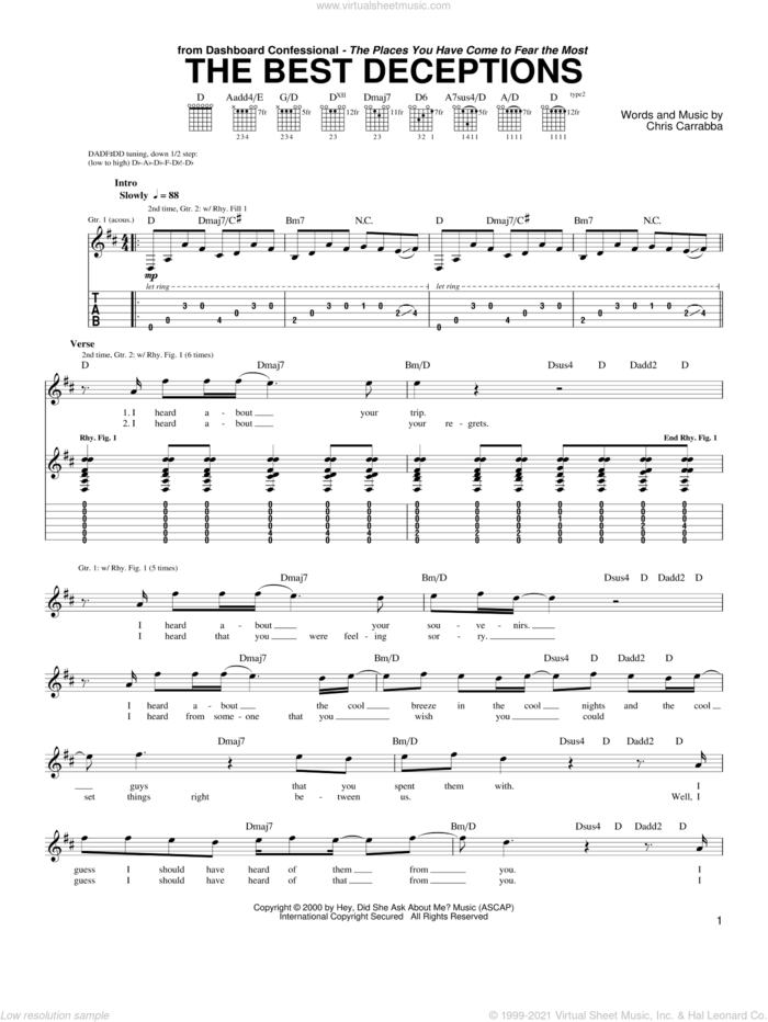 The Best Deceptions sheet music for guitar (tablature) by Dashboard Confessional and Chris Carrabba, intermediate skill level