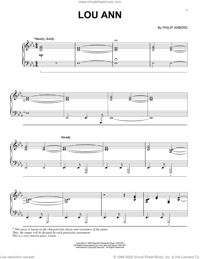 Lou Ann sheet music for piano solo by Philip Aaberg, intermediate skill level