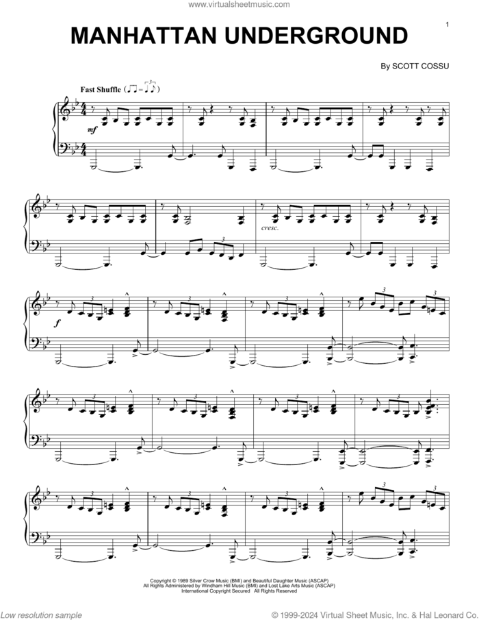 Manhattan Underground sheet music for piano solo by Scott Cossu, intermediate skill level