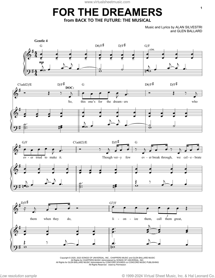 For The Dreamers (from Back To The Future: The Musical) sheet music for voice and piano by Glen Ballard and Alan Silvestri, Alan Silvestri and Glen Ballard, intermediate skill level