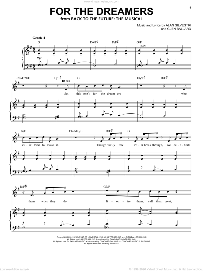 For The Dreamers (from Back To The Future: The Musical) sheet music for voice and piano by Glen Ballard and Alan Silvestri, Alan Silvestri and Glen Ballard, intermediate skill level