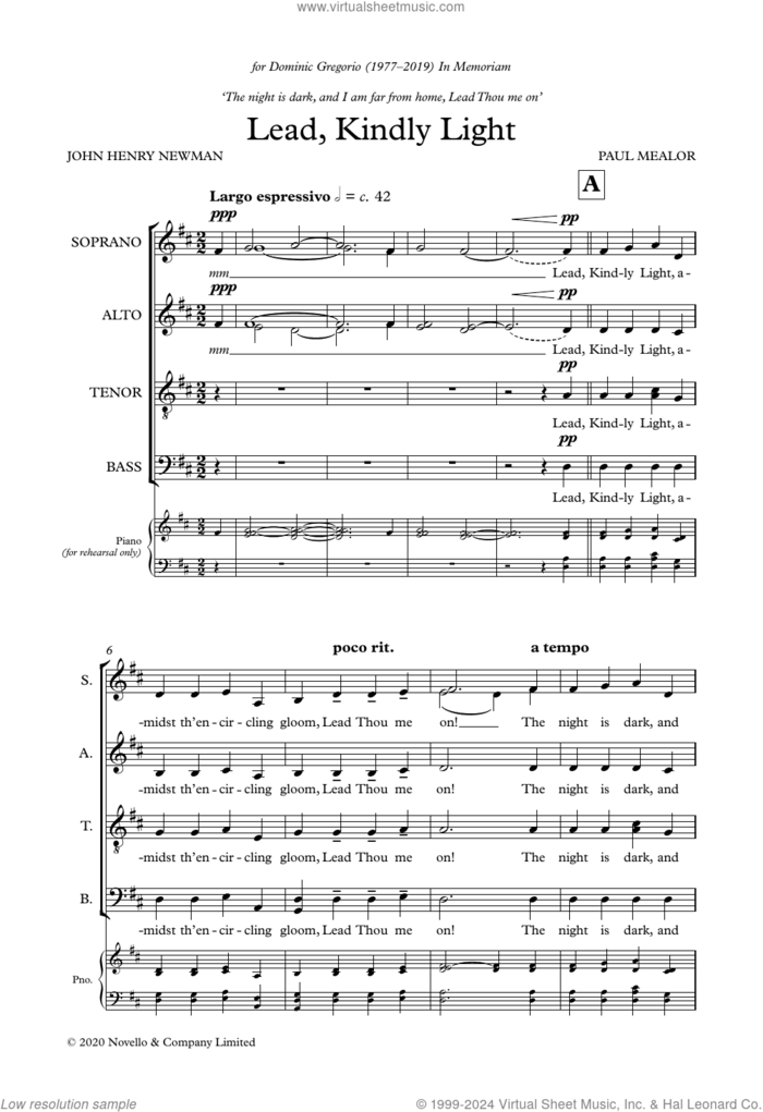 Lead, Kindly Light sheet music for choir (SATB Divisi) by Paul Mealor, classical score, intermediate skill level