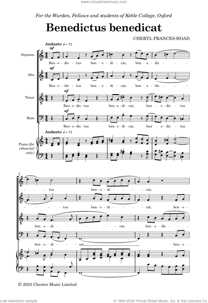 Benedictus Benedicat sheet music for choir (SATB: soprano, alto, tenor, bass) by Cheryl Frances-Hoad, intermediate skill level