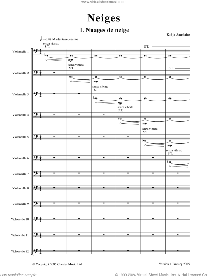 Neiges (Version for twelve cellists) sheet music for string orchestra by Kaija Saariaho, classical score, intermediate skill level