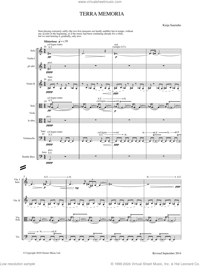 Terra Memoria sheet music for string orchestra by Kaija Saariaho, classical score, intermediate skill level