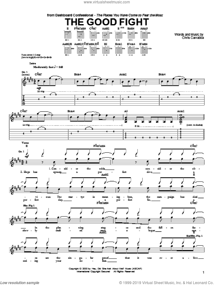 The Good Fight sheet music for guitar (tablature) by Dashboard Confessional and Chris Carrabba, intermediate skill level