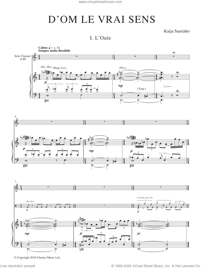 D'OM LE VRAI SENS (piano reduction) sheet music for clarinet and piano by Kaija Saariaho, classical score, intermediate skill level