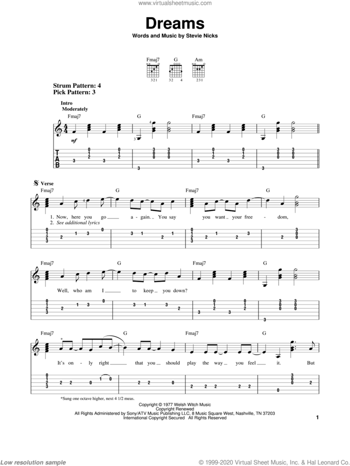 Dreams sheet music for guitar solo (easy tablature) by Fleetwood Mac and Stevie Nicks, easy guitar (easy tablature)