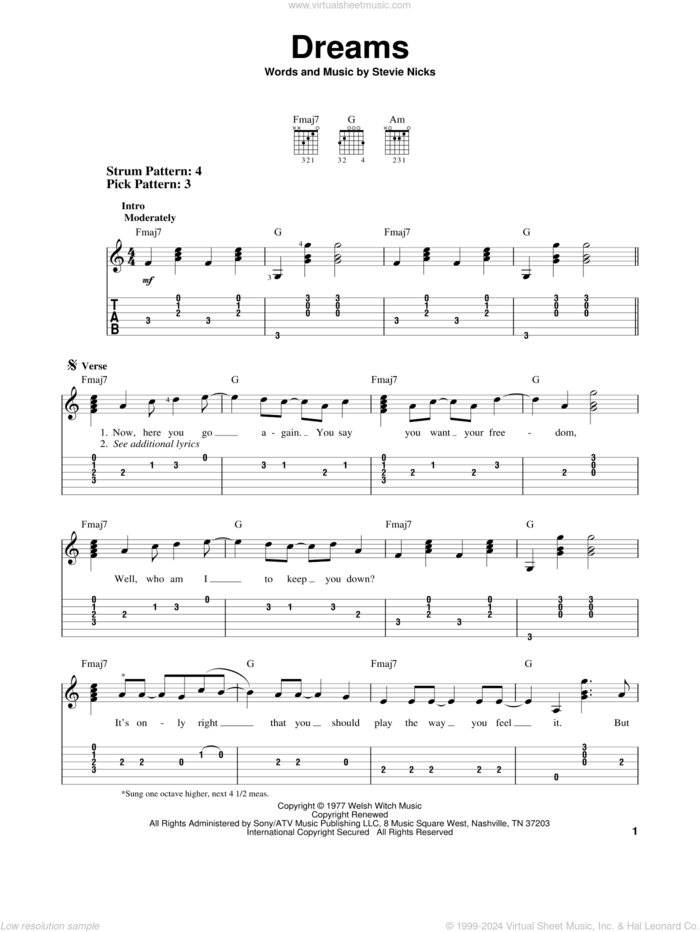 Dreams sheet music for guitar solo (easy tablature) by Fleetwood Mac and Stevie Nicks, easy guitar (easy tablature)