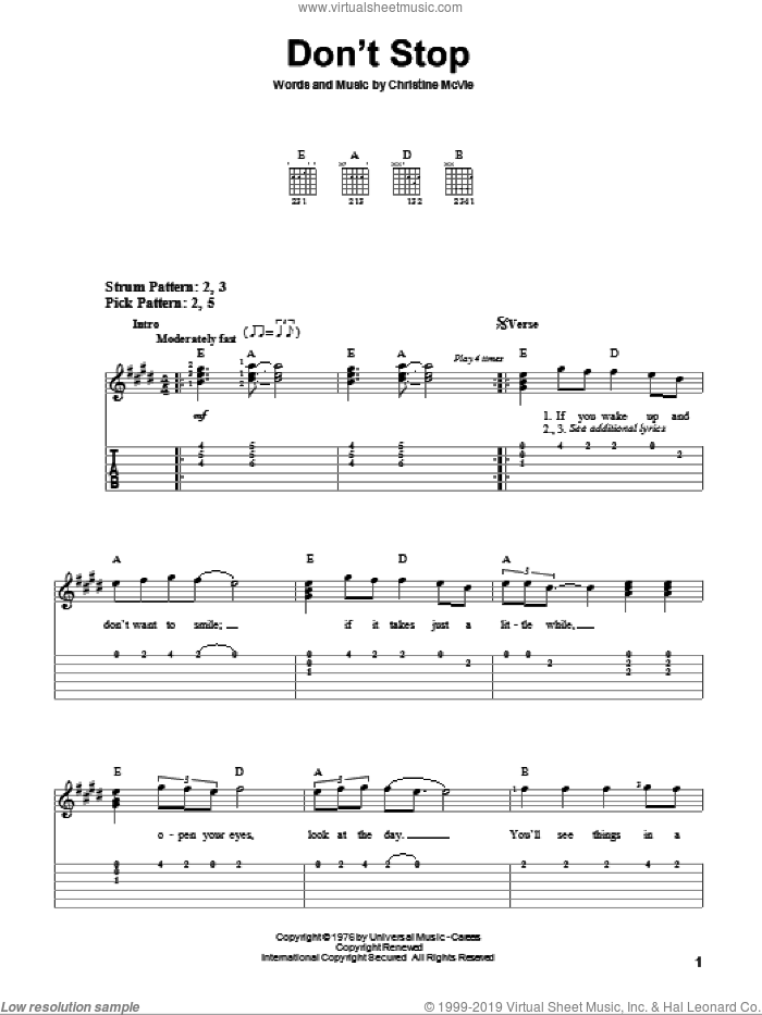 Don't Stop sheet music for guitar solo (easy tablature) by Fleetwood Mac and Christine McVie, easy guitar (easy tablature)
