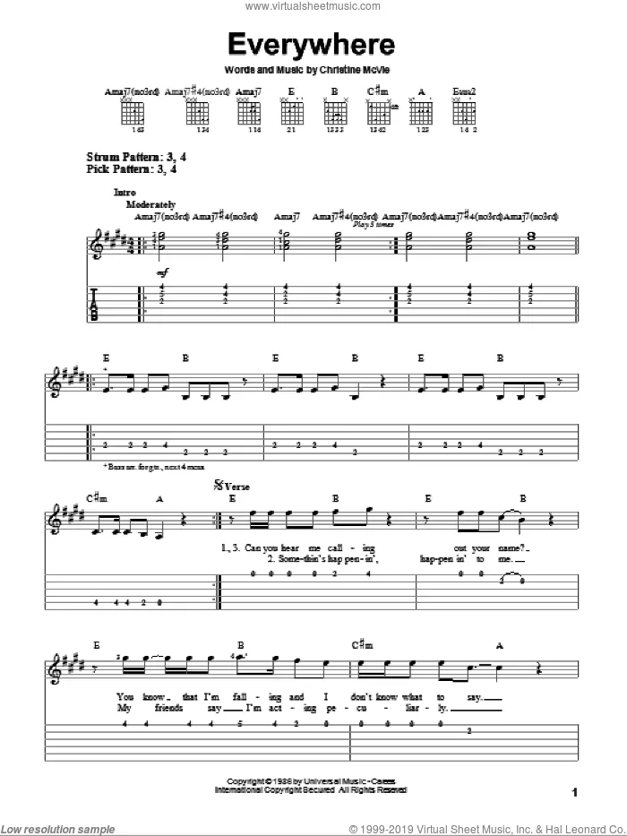Everywhere sheet music for guitar solo (easy tablature) by Fleetwood Mac and Christine McVie, easy guitar (easy tablature)