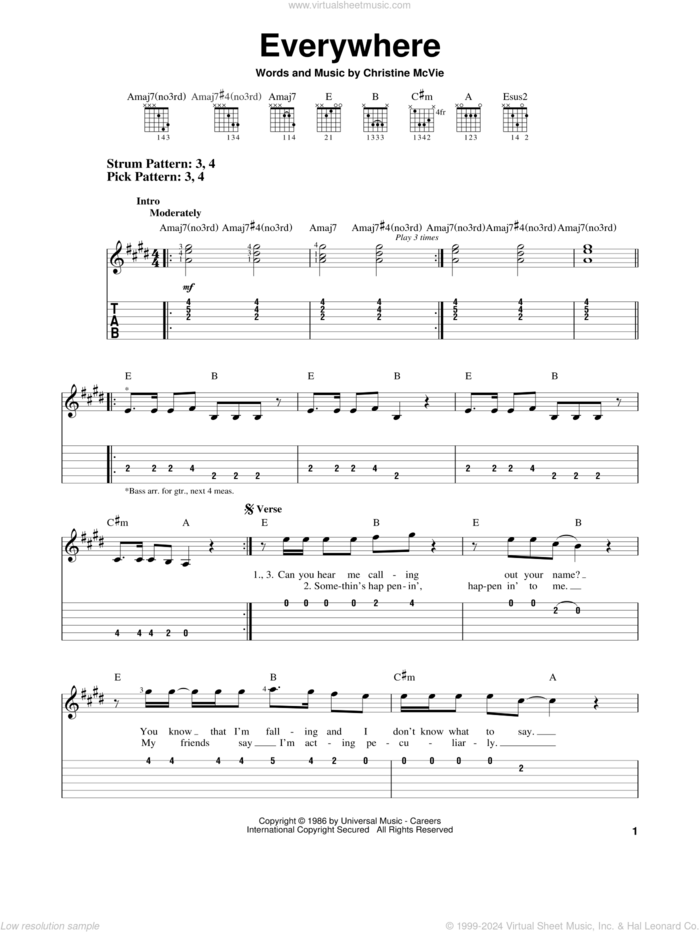 Everywhere sheet music for guitar solo (easy tablature) by Fleetwood Mac and Christine McVie, easy guitar (easy tablature)