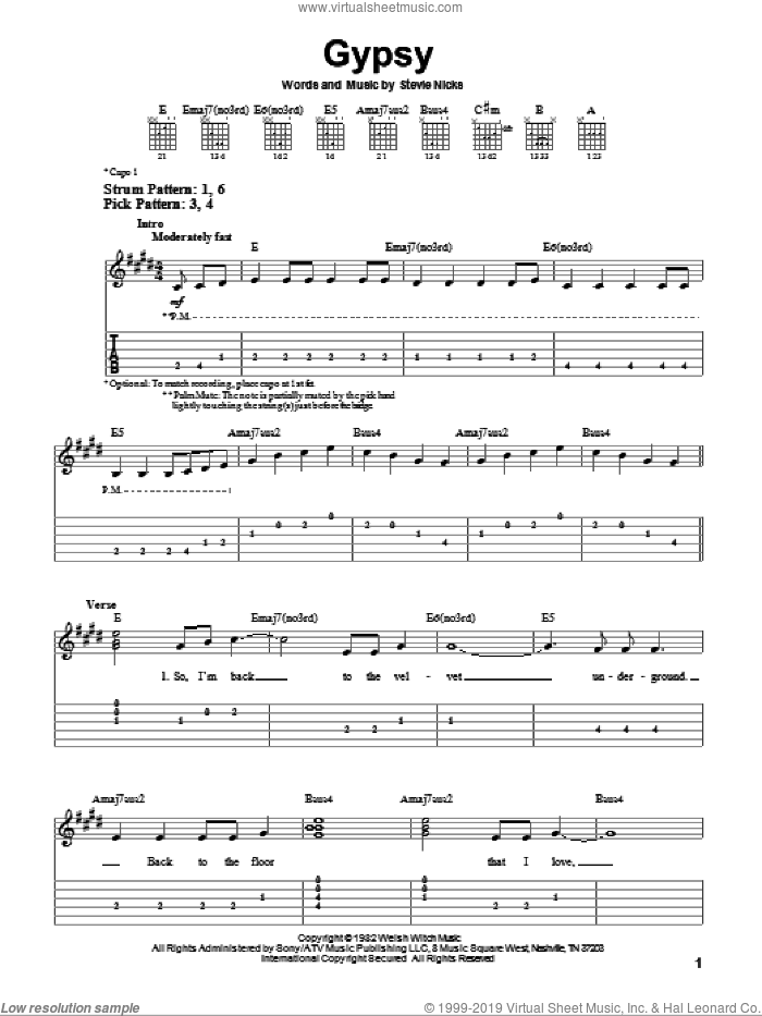 Gypsy sheet music for guitar solo (easy tablature) by Fleetwood Mac and Stevie Nicks, easy guitar (easy tablature)