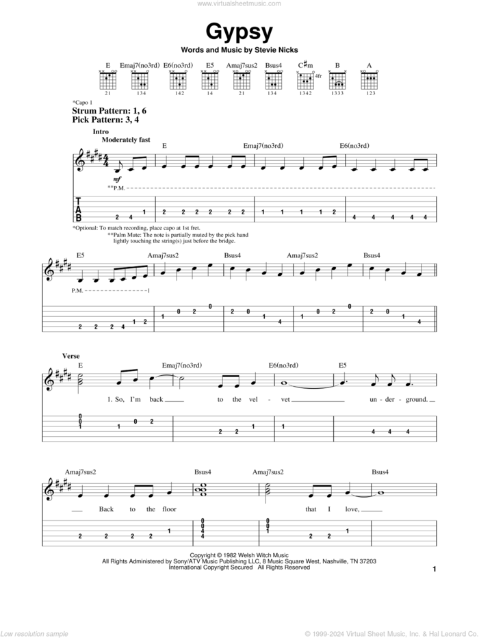 Gypsy sheet music for guitar solo (easy tablature) by Fleetwood Mac and Stevie Nicks, easy guitar (easy tablature)