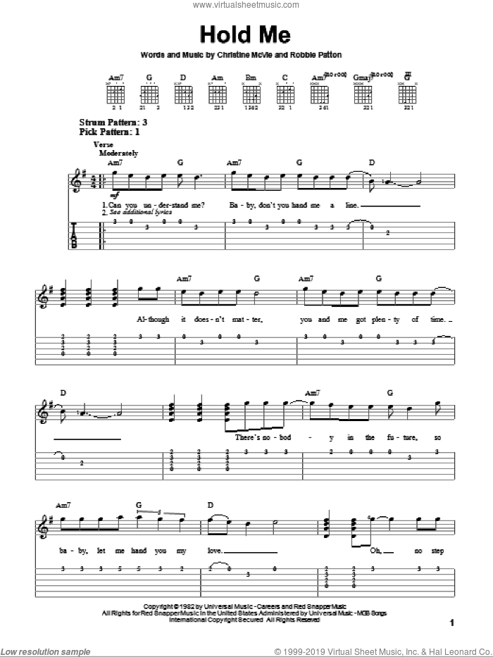 Hold Me sheet music for guitar solo (easy tablature) by Fleetwood Mac, Christine McVie and Robbie Patton, easy guitar (easy tablature)
